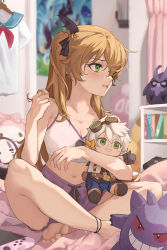 Rule 34 | 1boy, 1girl, absurdres, anklet, bandaid, bandaid on face, bandaid on nose, bare shoulders, barefoot, bed, bedroom, bennett (genshin impact), blush, blush stickers, book, breasts, casual, cleavage, collarbone, controller, creatures (company), curtains, hugging doll, fischl (genshin impact), game console, game freak, gen 1 pokemon, gengar, genshin impact, gloves, goggles, goggles on head, green eyes, hair ribbon, twirling hair, half-closed eyes, highres, hug, indoors, jewelry, long hair, looking to the side, lumiphi, midriff, navel, nintendo, hugging object, on bed, pikachu, pokemon, pokemon (creature), poster (object), ribbon, school uniform, sen to chihiro no kamikakushi, shelf, short shorts, shorts, sitting, smile, soles, spread legs, stuffed toy, tank top, toes, white hair