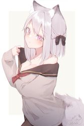 Rule 34 | 1girl, animal ear fluff, animal ears, bare shoulders, black bow, black pantyhose, black sailor collar, blush, bow, breasts, cleavage, closed mouth, commentary, dated, grey background, grey hair, grey shirt, hair bow, hand up, highres, lifted by self, long sleeves, looking at viewer, mayogii, medium breasts, off shoulder, original, pantyhose, pink eyes, red neckwear, sailor collar, shirt, signature, sleeves past wrists, solo, tail, two-tone background, white background