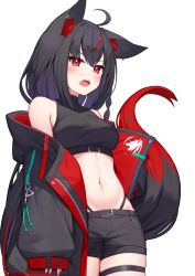 Rule 34 | 1girl, absurdres, ahoge, animal ear fluff, animal ears, black hair, black jacket, black shirt, black shorts, blush, braid, breasts, crop top, deaver, earrings, fox ears, fox girl, fox tail, hair between eyes, highleg, highleg panties, highres, hololive, jacket, jewelry, kurokami fubuki, long hair, looking at viewer, md5 mismatch, multicolored hair, navel, open clothes, open jacket, open mouth, panties, pentagram, red eyes, red hair, resolution mismatch, shirt, short shorts, shorts, sidelocks, simple background, single braid, small breasts, solo, source smaller, streaked hair, tail, thigh strap, underwear, virtual youtuber, white background