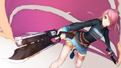 Rule 34 | 1girl, bad id, bad pixiv id, belt, black footwear, blade, closed mouth, dual wielding, fingernails, gradient clothes, gun, highres, holding, holding gun, holding weapon, medium hair, multicolored clothes, original, patterned, patterned background, pink hair, red eyes, rust, sleeves past wrists, smile, smoke, solo, weapon, white legwear, zenmaibook