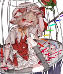 Rule 34 | 1girl, alternate costume, birdcage, cage, crystal wings, dress, flandre scarlet, frilled dress, frills, full body, highres, kneehighs, misoice ramen, open mouth, red eyes, remilia scarlet, ribbon, simple background, socks, touhou, white background, white mob cap, wrist cuffs, yellow ribbon