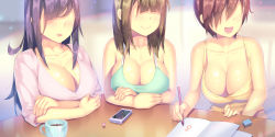 Rule 34 | 3girls, :d, a.x., absurdres, breast suppress, breasts, brown hair, cellphone, cellphone charm, charm (object), cleavage, closed mouth, coffee, collarbone, cup, eraser, green tank top, highres, holding, holding pencil, large breasts, long hair, medium hair, multiple girls, no eyes, notebook, open mouth, original, parted lips, pencil, phone, pink skirt, shiny skin, short hair, sitting, skirt, smartphone, smile, table, tank top, yellow tank top