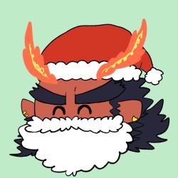 Rule 34 | 1boy, ^ ^, astar (live a hero), bara, christmas, closed eyes, colored skin, cropped head, facial hair, fake beard, fake facial hair, fiery horns, flat color, forked eyebrows, hat, highres, horns, huge eyebrows, live a hero, male focus, mustache, mutton chops, ogre, pointy ears, red skin, santa hat, solo, tsukudani-chan (29 da2), tusks