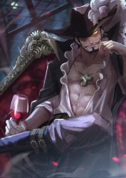 Rule 34 | 1boy, abs, alcohol, armchair, beard, black hair, blurry, blurry background, boots, cape, chair, closed mouth, cross, cross necklace, cup, dracule mihawk, drink, drinking glass, dutch angle, facial hair, fingernails, fujitachobi, full moon, glowing, glowing eye, hat, highres, holding, holding cup, indoors, jewelry, leaning to the side, crossed legs, looking at viewer, male focus, moon, mustache, navel, necklace, night, on chair, one piece, pants, pectorals, shirt, short hair, sitting, solo, stomach, toned, toned male, window, wine, wine glass, yellow eyes