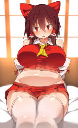 Rule 34 | 1girl, bare shoulders, belly, benjamin button suukina jinsei, blurry, blush, bow, breasts, brown hair, cookie (touhou), d:, d:&lt;, depth of field, detached sleeves, fat rolls, hair bow, hair tubes, hakurei reimu, highres, large breasts, looking at viewer, microskirt, navel, on bed, open mouth, plump, red eyes, reu (cookie), short hair, sitting, skindentation, skirt, solo, thick thighs, thighhighs, thighs, touhou, v-shaped eyebrows, white thighhighs