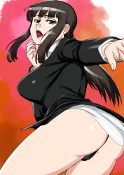Rule 34 | 1girl, ass, breasts, brown eyes, brown hair, clothes lift, dress shirt, from behind, girls und panzer, highres, large breasts, long hair, looking at viewer, matsuda shin, mature female, nishizumi shiho, open mouth, panties, shirt, skirt, skirt lift, solo, underwear