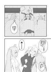 Rule 34 | 3girls, absurdres, animal, animal ears, bed, blanket, closed eyes, comic, commentary, flower, from above, ganasuta, greyscale, hair flower, hair ornament, hair ribbon, hand on own shoulder, hatsune miku, highres, holding, holding pillow, hooded dress, lily of the valley, long hair, looking at another, lying, monochrome, multiple girls, multiple persona, on back, on floor, on side, open mouth, pillow, rabbit, rabbit ears, rabbit yukine, ribbon, sleeping, smile, speech bubble, sweatdrop, thought bubble, translated, twintails, under covers, very long hair, vocaloid, yuki miku, yuki miku (2014), yuki miku (2015), yuki miku (2020)