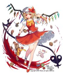 Rule 34 | 1girl, ascot, blonde hair, blood, bow, candy, coffee cup, cookie, crystal, cup, disposable cup, flandre scarlet, food, frilled shirt collar, frills, full body, hat, hat ribbon, laevatein, looking at viewer, mob cap, one side up, open mouth, pikatsu, puffy short sleeves, puffy sleeves, red bow, red eyes, red ribbon, red skirt, red vest, ribbon, saucer, short hair, short sleeves, skirt, teeth, touhou, transparent background, vest, wings, wrist cuffs, yellow ascot