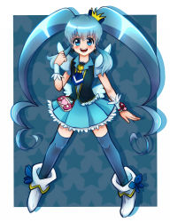 Rule 34 | 10s, 1girl, black legwear, blue background, blue eyes, blue hair, blue skirt, brooch, crown, cure princess, earrings, full body, happinesscharge precure!, heart, heart brooch, jewelry, long hair, magical girl, matching hair/eyes, mini crown, necktie, precure, shirayuki hime, shoes, sidelocks, skirt, smile, solo, standing, star (symbol), starry background, taakii kashiwa, twintails, wrist cuffs
