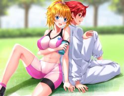 Rule 34 | 10s, 1boy, 1girl, :d, back-to-back, bad id, bad pixiv id, bare shoulders, bike shorts, blonde hair, blue eyes, blush, bottle, breast hold, breasts, bush, cleavage, collarbone, covered erect nipples, dougi, drinking straw, grass, gundam, gundam build fighters, gundam build fighters try, hoshino fumina, impossible clothes, kamiki sekai, karate gi, large breasts, long legs, long sleeves, midriff, navel, open mouth, ponytail, red eyes, red hair, short hair, sitting, sleeves rolled up, smile, sweat, swordsouls, tree