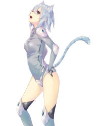 Rule 34 | 1girl, animal ears, blue hair, bodysuit, cat ears, cat tail, fang, green eyes, hands on own hips, la-na, open mouth, short hair, simple background, solo, tail, white background