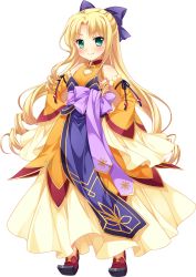 Rule 34 | 1girl, blonde hair, bow, curly hair, detached sleeves, dress, enjutsu, full body, green eyes, hands on own hips, highres, koihime musou, long hair, official art, ribbon, saeki hokuto, shoes, smile, solo, standing, transparent background, very long hair