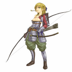 Rule 34 | 1girl, armor, blonde hair, bow (weapon), cervus, elf, gauntlets, green eyes, highres, katana, original, pointy ears, quiver, simple background, smoking pipe, solo, sword, weapon