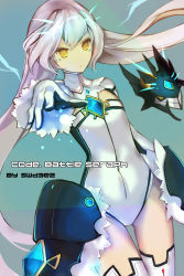 Rule 34 | 1girl, artist name, bad id, bad pixiv id, blue background, code: battle seraph (elsword), copyright name, elsword, eve (elsword), expressionless, gem, gloves, highres, leotard, long hair, moby (elsword), outstretched hand, solo, swd3e2, thigh gap, thighhighs, white hair, yellow eyes