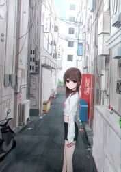 Rule 34 | 1girl, alley, bare legs, black choker, black shorts, brown eyes, brown hair, choker, closed mouth, coca-cola, crop top, day, earrings, expressionless, flat chest, from side, highres, jewelry, kanju, long hair, long sleeves, looking at viewer, looking to the side, midriff, motor vehicle, motorcycle, original, outdoors, shirt, short shorts, shorts, sidelocks, sign, sleeves past wrists, solo, standing, thighs, traffic cone, vending machine, white shirt