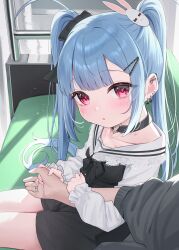 Rule 34 | 1boy, 1girl, :o, arm hug, black bow, black choker, black dress, blue hair, blush, bow, choker, commentary request, dress, ear piercing, earrings, hair bow, hair ornament, hairclip, heart o-ring, highres, jewelry, long hair, long sleeves, looking at viewer, original, parted lips, piercing, puffy long sleeves, puffy sleeves, rabbit hair ornament, red eyes, ring, sailor collar, sailor dress, sitting, sleeves past wrists, solo focus, train interior, tsukiman, twintails, very long hair, white sailor collar