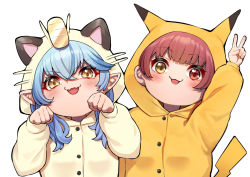 Rule 34 | 2girls, :3, arm up, blue hair, blush, cosplay, creatures (company), fang, fangs, game freak, gen 1 pokemon, hands up, heterochromia, highres, hololive, houshou marine, kigurumi, long sleeves, looking at viewer, meowth, meowth (cosplay), mikan (chipstar182), multiple girls, nintendo, open mouth, paw pose, pikachu, pikachu (cosplay), pokemon, red eyes, simple background, skin fangs, smile, upper body, v, virtual youtuber, white background, yellow eyes, yukihana lamy