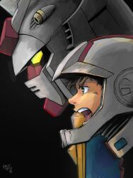 Rule 34 | 1boy, amuro ray, black background, blue eyes, brown hair, commentary request, gundam, looking ahead, male focus, mecha, mobile suit, mobile suit gundam, moroboshi danshaku, open mouth, pilot helmet, profile, robot, rx-78-2, science fiction, shouting, simple background, teeth, upper teeth only, v-fin, yellow eyes
