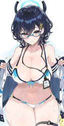 Rule 34 | 1girl, absurdres, bikini, blue-framed eyewear, blue archive, blue hair, blush, breasts, chihiro (blue archive), cleavage, dark blue hair, dx (xxer4838), fingerless gloves, glasses, gloves, halo, highres, holding, holding clothes, holding jacket, jacket, lanyard, large breasts, looking at viewer, navel, open clothes, open jacket, side-tie bikini bottom, solo, stomach, string bikini, sweatdrop, swimsuit, thigh strap, two-tone bikini