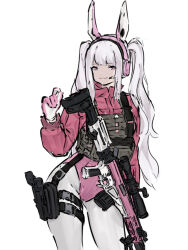 Rule 34 | 1girl, alice (nikke), alternate costume, animal ear headphones, animal ears, belt, bulletproof vest, closed mouth, cropped jacket, fake animal ears, gloves, goddess of victory: nikke, grey hair, gun, headphones, headset, highres, jacket, leotard, long hair, mutugorou u, pink eyes, pink gloves, pink jacket, pink leotard, pouch, rifle, sidelocks, simple background, smile, sniper rifle, solo, tactical clothes, thigh belt, thigh pouch, thigh strap, twintails, two-tone gloves, weapon, white background, white gloves