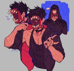 1boy black_hair commentary english_commentary grey_background highres jacket looking_at_viewer male_focus monster_boy multiple_views nipple_piercing nipples one-eyed original piercing rain sharp_teeth short_hair simple_background tank_top teeth upper_body viiperfish wet