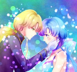 Rule 34 | 1990s (style), 1boy, 1girl, bishoujo senshi sailor moon, blonde hair, blue eyes, blue hair, choker, couple, earrings, formal, green eyes, hand on another&#039;s cheek, hand on another&#039;s face, hetero, highres, jewelry, light particles, long hair, mizuno ami, ponytail, princess, princess mercury, short hair, smile, suit, torao (torakmn), trap, zoisite (sailor moon)