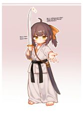 Rule 34 | ahoge, barefoot, belt, black belt, blush, brown hair, child, chinese commentary, chromatic aberration, closed mouth, commentary request, dougi, english text, full body, gradient background, highres, holding, holding sword, holding weapon, japanese clothes, kimono, kuma-bound, looking at viewer, original, outline, pants, reaching, reaching towards viewer, sheath, short hair, side ponytail, sparkle, split mouth, standing, sword, toes, weapon, white kimono, white outline, white pants, yellow eyes