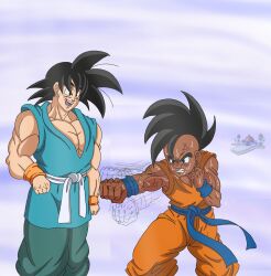 Rule 34 | angry, dragon ball, highres, master and pupil, punching, son goku, sweat, tagme, time chamber, training, uub, veins