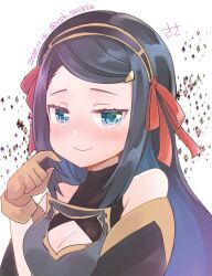 Rule 34 | 1girl, artist name, atakigiri (tenka hyakken), bare shoulders, black hair, blue eyes, blush, brown gloves, chest armor, cleavage cutout, closed mouth, clothing cutout, dated, detached sleeves, diamond (shape), gloves, hairband, hand up, long hair, looking at viewer, one-hour drawing challenge, red ribbon, ribbon, sidelocks, smile, solo, ssk sasasa, tenka hyakken, twitter username, upper body
