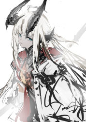 Rule 34 | 1girl, absurdres, arknights, blonde hair, blue eyes, coat, dragon horns, grey shirt, hair ornament, highres, holding, holding polearm, holding weapon, horns, long hair, looking at viewer, polearm, reed (arknights), shirt, simple background, sketch, solo, upper body, weapon, white background, white coat, yamori no o