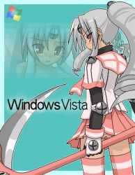Rule 34 | 1girl, cowboy shot, holding, holding weapon, long hair, lowres, os-tan, pink skirt, pink thighhighs, pleated skirt, polearm, ponytail, red eyes, scythe, sidelocks, skirt, solo, standing, thighhighs, very long hair, vista-tan, vistake, weapon, window, zettai ryouiki