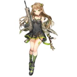 Rule 34 | 1girl, :&gt;, ankle cuffs, anmi, assault rifle, black dress, black footwear, black gloves, blush, bow, breasts, brown hair, bullpup, camouflage, choker, collarbone, dog tags, double bun, dress, fingerless gloves, full body, fur trim, girls&#039; frontline, glint, gloves, green eyes, gun, hair bow, hair bun, holding, holding gun, holding weapon, jacket, kel-tec rfb, long hair, mary janes, off shoulder, official art, rfb (girls&#039; frontline), rifle, semi-automatic firearm, semi-automatic rifle, shoes, single glove, small breasts, smile, socks, solo, standing, striped clothes, striped socks, thigh strap, transparent background, trigger discipline, vertical-striped clothes, vertical-striped socks, weapon