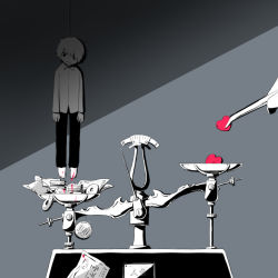 Rule 34 | 1boy, avogado6, balance scale, barefoot, black eyes, black pants, bleeding, blood, coin, colored skin, death, grey background, hanged, jitome, money, open mouth, original, pants, shirt, solo focus, spot color, symbolism, weighing scale, white shirt, white skin