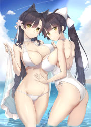Rule 34 | 2girls, :&gt;, animal ears, ass, atago (azur lane), atago (summer march) (azur lane), atago (summer march) (azur lane), azur lane, bad id, bad pixiv id, bare arms, bare shoulders, bikini, blue sky, blunt bangs, blush, bow, breasts, brown eyes, casual one-piece swimsuit, choker, cleavage, closed mouth, cloud, collarbone, cowboy shot, day, flower, hair bow, hair flower, hair ornament, hand on own stomach, highres, holding, large breasts, long hair, mole, mole under eye, multiple girls, ocean, one-piece swimsuit, outdoors, parted lips, pink flower, shoulder blades, sideboob, sky, smile, sparkle, stomach, straight hair, swimsuit, takao (azur lane), takao (beach rhapsody) (azur lane), unaligned breasts, very long hair, wading, water, white bikini, white bow, white choker, white one-piece swimsuit, yuzu-aki