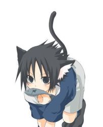 Rule 34 | 1boy, animal ears, animal hands, blouse, blue shirt, cat boy, cat ears, cat tail, fish, kemonomimi mode, kubyou azami, lowres, male focus, naruto, naruto (series), paw shoes, shirt, simple background, solo, spiked hair, tail, uchiha sasuke, white background
