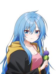 Rule 34 | 1girl, absurdres, blue eyes, blue hair, blush, breasts, cleavage, closed mouth, dango, elie wayne, food, highres, jan azure, large breasts, long hair, looking at viewer, original, pink tank top, simple background, solo, tank top, upper body, wagashi, white background