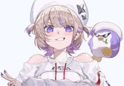 Rule 34 | 1girl, banpen (todoroki hajime), bird, blonde hair, blush, breasts, clothing cutout, commentary, fur hat, grin, hat, highres, hololive, hololive dev is, jacket, looking at viewer, multicolored hair, nail polish, penguin, purple eyes, purple hair, purple nails, shirt, short hair, short twintails, shoulder cutout, shrug (clothing), simple background, small breasts, smile, solo, streaked hair, sunglasses, takotobuta, todoroki hajime, turtleneck, twintails, two-tone hair, upper body, v, v-shaped eyebrows, virtual youtuber, white background, white hat, white jacket, white shirt