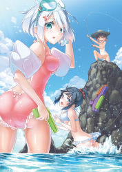 Rule 34 | 3girls, ass, bad id, bad pixiv id, bikini, bikini pull, bikini top lift, black hair, blue eyes, blush stickers, breasts, brown eyes, brown hair, casual one-piece swimsuit, clothes lift, clothes pull, fishing rod, goggles, goggles on head, hair bun, hair ornament, hat, hyp, lifting another&#039;s clothes, medium breasts, multiple girls, navel, ocean, one-piece swimsuit, original, partially submerged, scrunchie, short hair, single hair bun, small breasts, snorkel, straw hat, swimsuit, tan, tanline, twintails, underboob, water, water gun, white hair
