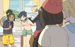 Rule 34 | 2girls, 3boys, :d, ahoge, beanie, black shirt, blonde hair, book, bow, bow panties, bra, brown hair, caught, cloud, commentary request, creatures (company), crossdressing, curtains, danshi koukousei no nichijou, dark-skinned male, dark skin, desk, drawer, elio (pokemon), floral print, game freak, gladion (pokemon), globe, green hair, green shorts, hat, hau (pokemon), highres, hill, holding, holding clothes, holding underwear, hood, hoodie, indoors, knees, lillie (pokemon), looking at another, multiple boys, multiple girls, navel, nintendo, open mouth, panties, pants, parody, pokemon, pokemon sm, sapphire yue, scene reference, selene (pokemon), shaded face, shirt, short hair, short ponytail, shorts, sky, smile, standing, tareme, teeth, tongue, trap, underwear, upper teeth only, walk-in, window, yellow shorts