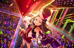 Rule 34 | brown hair, confetti, flag, forehead, game cg, glowstick, hat, idolmaster, idolmaster cinderella girls, idolmaster cinderella girls starlight stage, koseki reina, marching band, microphone, official art, pauldrons, purple eyes, short shorts, shorts, shoulder armor, stage lights