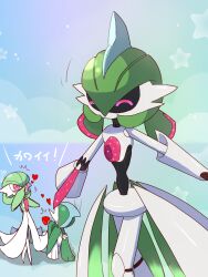 Rule 34 | 1boy, 2girls, ^^^, ^ ^, arm blade, arrow (projectile), arrow through heart, black sclera, black skin, blue background, blue hair, blush, bob cut, closed eyes, colored sclera, colored skin, covering own mouth, creatures (company), flat chest, gallade, game freak, gardevoir, gen 3 pokemon, gen 4 pokemon, green hair, green skin, happy, heart, heart arrow, highres, humanoid robot, iron valiant, japanese text, joints, looking at another, mohawk, monya, motion lines, multicolored hair, multicolored skin, multiple girls, nintendo, on one knee, outstretched arms, pokemon, pokemon (creature), red eyes, red hair, robot, robot joints, short hair, solo focus, standing, star (symbol), starry background, talking, translated, twintails, two-tone hair, two-tone skin, weapon, white skin