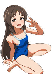 Rule 34 | 1girl, barefoot, blue one-piece swimsuit, blush, breasts, brown eyes, brown hair, highres, idolmaster, idolmaster cinderella girls, long hair, looking at viewer, one-piece swimsuit, open mouth, papiyon1297, school swimsuit, simple background, sitting, small breasts, smile, solo, swimsuit, tachibana arisu, v, white background