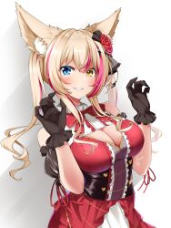 Rule 34 | 1girl, animal ear fluff, black gloves, blonde hair, blue eyes, bow, breasts, cleavage, dress, gloves, grin, heterochromia, highres, indie virtual youtuber, kureha mitra, large breasts, long hair, midoriiro no shinzou, multicolored hair, paw pose, pink hair, red bow, red dress, smile, solo, streaked hair, twintails, virtual youtuber, yellow eyes