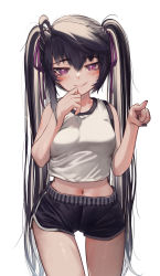 Rule 34 | 1girl, absurdres, ahoge, bare arms, black hair, black nails, black shorts, blush, breasts, cowboy shot, crop top, dolphin shorts, hair between eyes, hair ribbon, hands up, highres, long hair, looking at viewer, medium breasts, midriff, nail polish, navel, original, parted lips, pointing, priite hari (torriet), purple eyes, purple ribbon, resolution mismatch, revision, ribbon, shirt, shorts, simple background, sleeveless, sleeveless shirt, smile, solo, source larger, standing, torriet, twintails, very long hair, white background, white shirt