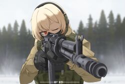 Rule 34 | 1girl, aek-971, aiming, aiming at viewer, assault rifle, blonde hair, forest, gloves, gun, headset, highres, load bearing vest, mask, military, military uniform, nature, one eye closed, original, red eyes, rifle, sci (31134306), snow, tactical clothes, uniform, weapon, winter