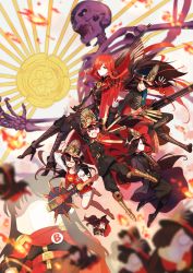 Rule 34 | 1boy, 6+girls, armored boots, asymmetrical clothes, belt, black hair, black headwear, black jacket, black pants, blush, boots, breasts, buster shirt, buttons, cape, chain, chibi, closed mouth, crest, crop top, family crest, fate/grand order, fate (series), fire, gloves, guitar, gun, hat, headphones, headphones around neck, high heel boots, high heels, highres, instrument, jacket, kodamari, koha-ace, large breasts, letterman jacket, long hair, long sleeves, looking at viewer, medallion, multiple girls, multiple persona, oda kippoushi (fate), oda nobunaga (fate), oda nobunaga (koha-ace), oda nobunaga (maou avenger) (fate), oda nobunaga (swimsuit berserker) (fate), oda nobunaga (swimsuit berserker) (first ascension) (fate), oda uri, open mouth, oversized object, pants, peaked cap, ponytail, popped collar, red cape, red eyes, red skirt, single sleeve, skeleton, skirt, small breasts, smile, weapon, white gloves, white skirt