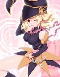 Rule 34 | 1girl, ;d, arm guards, between breasts, black dress, black socks, blonde hair, blush, breasts, calcio, chain, detached sleeves, dress, duel monster, eyelashes, fingernails, flipped hair, gagaga girl, glowing, hair between eyes, hand on headwear, hand up, hat, highres, holding, kneehighs, large breasts, looking at viewer, medium breasts, one eye closed, open mouth, pink background, pink ribbon, red eyes, ribbon, sash, shade, skull, sleeveless, sleeveless dress, smile, socks, solo, turtleneck, wizard hat, yu-gi-oh!, yu-gi-oh! zexal, yuu-gi-ou, yuu-gi-ou zexal