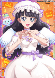 Rule 34 | 1girl, angel, angel wings, bare shoulders, bat (animal), black hair, blue eyes, breasts, choker, dated, delicious party precure, dress, feathered wings, halloween costume, hanzou, hat, hat ribbon, heart, heart hands, highres, jack-o&#039;-lantern, jewelry, kasai amane, long hair, long sleeves, looking at viewer, mob cap, off shoulder, open mouth, orange background, parfait recipipi, pendant, precure, pumpkin, purple choker, recipipi, ribbon, small breasts, twitter username, white wings, wings
