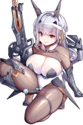 Rule 34 | 1girl, alternate costume, breasts, brown pantyhose, cleavage, commentary, english commentary, goddess of victory: nikke, grey hair, gun, headband, highres, holding, holding gun, holding weapon, hot vr, kneeling, large breasts, leotard, long hair, looking at viewer, modernia (nikke), pantyhose, pixiv username, red eyes, simple background, solo, subscribestar username, weapon, white background, white headband, white leotard