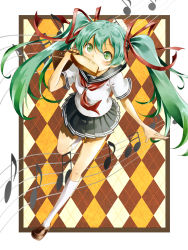 Rule 34 | 1girl, argyle, argyle background, argyle clothes, bread, bread slice, checkered background, food, food in mouth, green eyes, green hair, hair ribbon, hatsune miku, kneehighs, loafers, long hair, looking up, matching hair/eyes, mouth hold, musical note, pleated skirt, ribbon, school uniform, serafuku, shoes, skirt, socks, solo, t-okada, toast, toast in mouth, twintails, very long hair, vocaloid